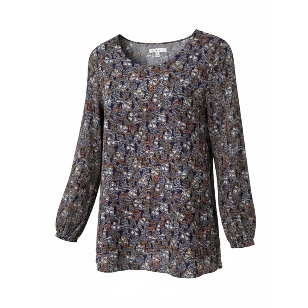 CAbi Navy Multi Paisley Scoop-Neck Long-Sleeve Blouse - Size Small